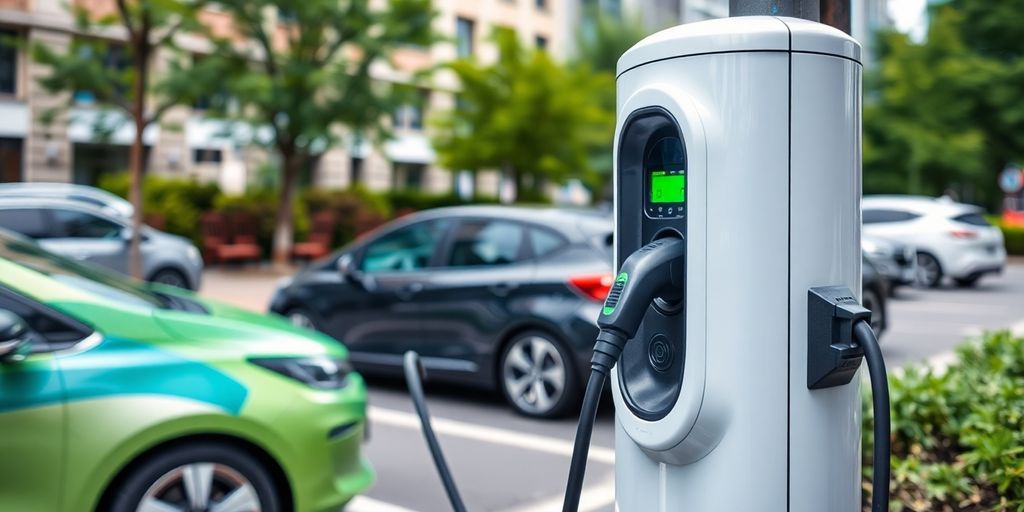 Electric vehicle charging station in an urban environment.