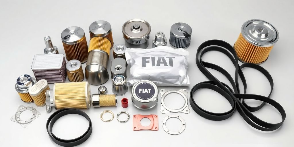 Fiat car engine parts laid out.