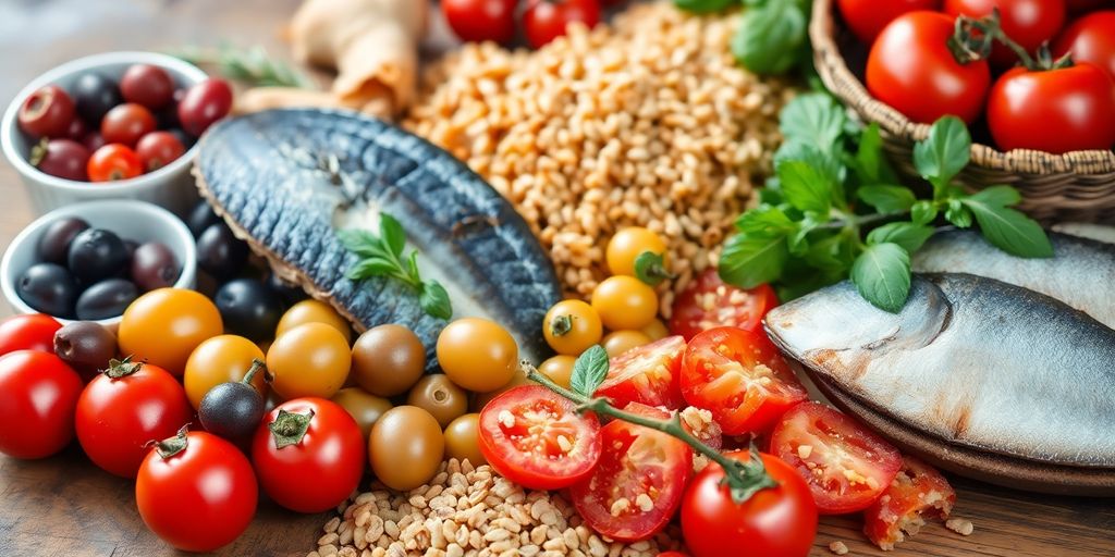 Colorful Mediterranean food ingredients on a wooden table.