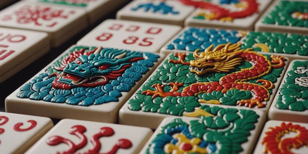Close-up of Mahjong dragon tiles with vibrant colors and intricate designs, highlighting their significance in the game.