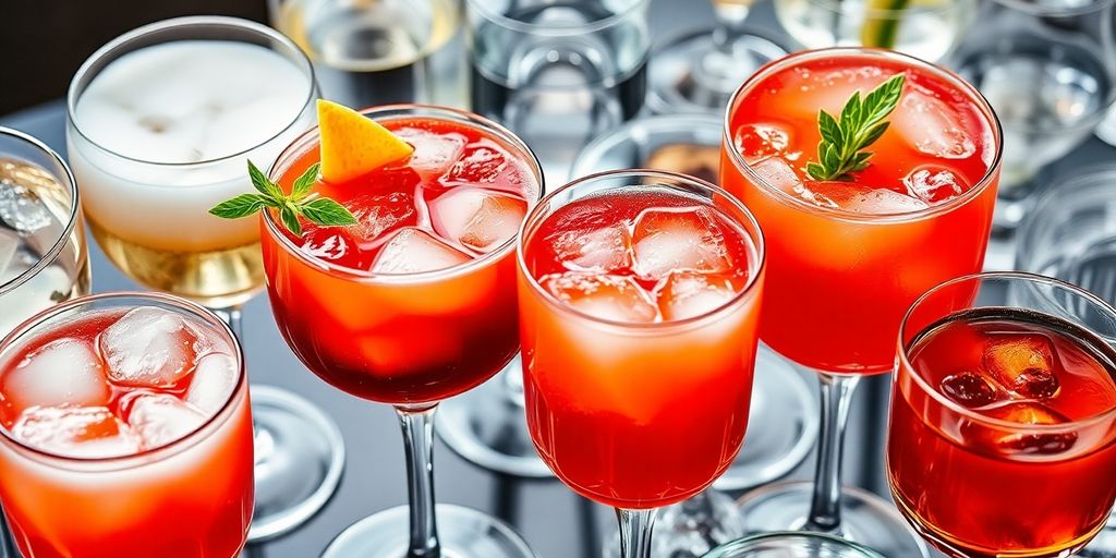Elegant glasses filled with colorful cocktails and clear water.