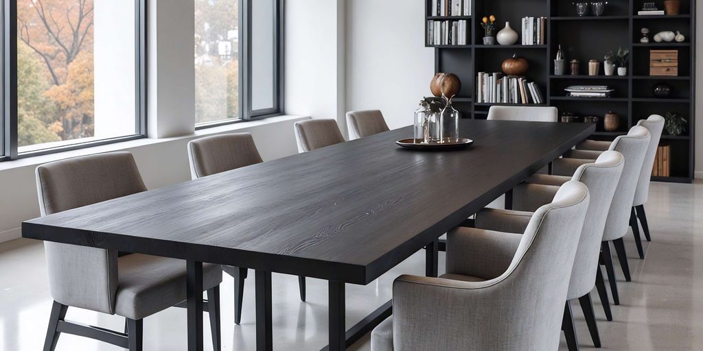 Modern conference room with a long table and chairs.