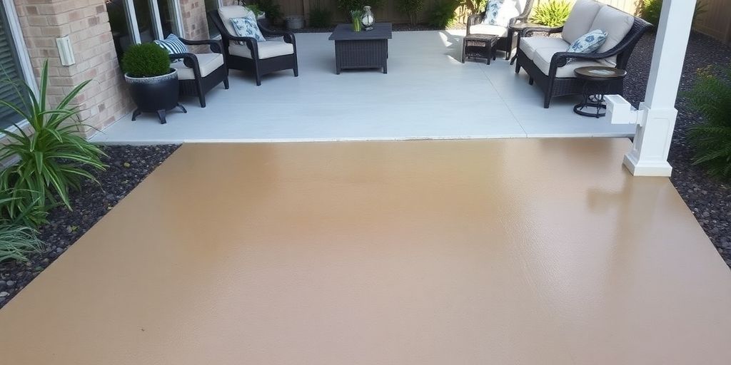 Resurfaced concrete patio in Grand Prairie with outdoor decor.