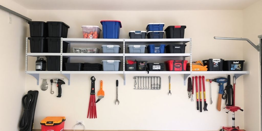 Garage wall shelves filled with organized items.