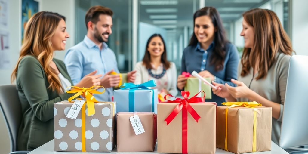 Colorful gifts on an office desk, coworkers exchanging presents.