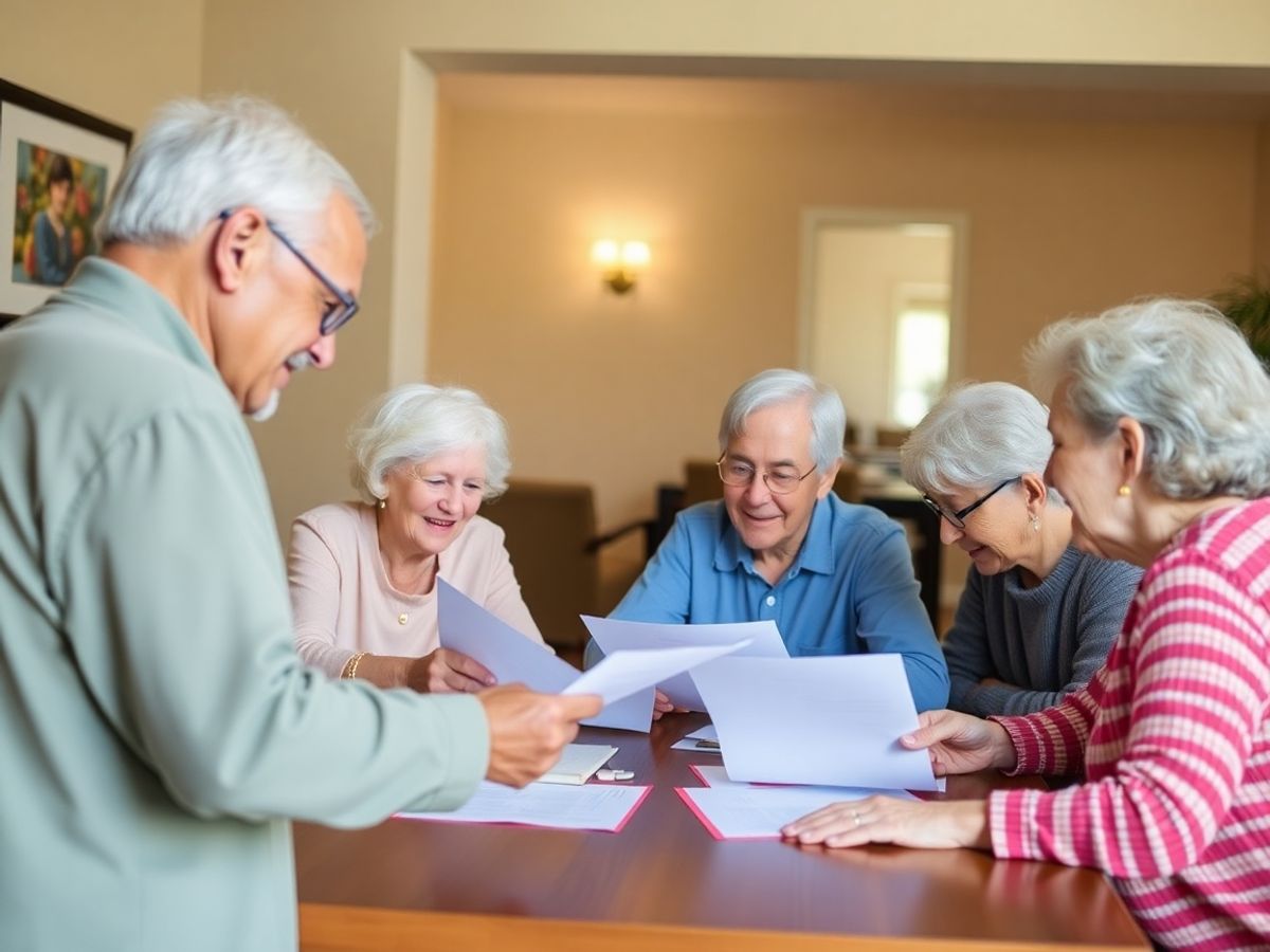 Pensionari la o masă, discutând documente.