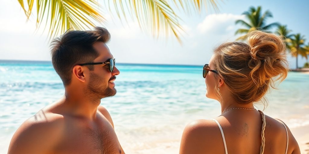 Couple relaxing on a sunny beach during off-season.