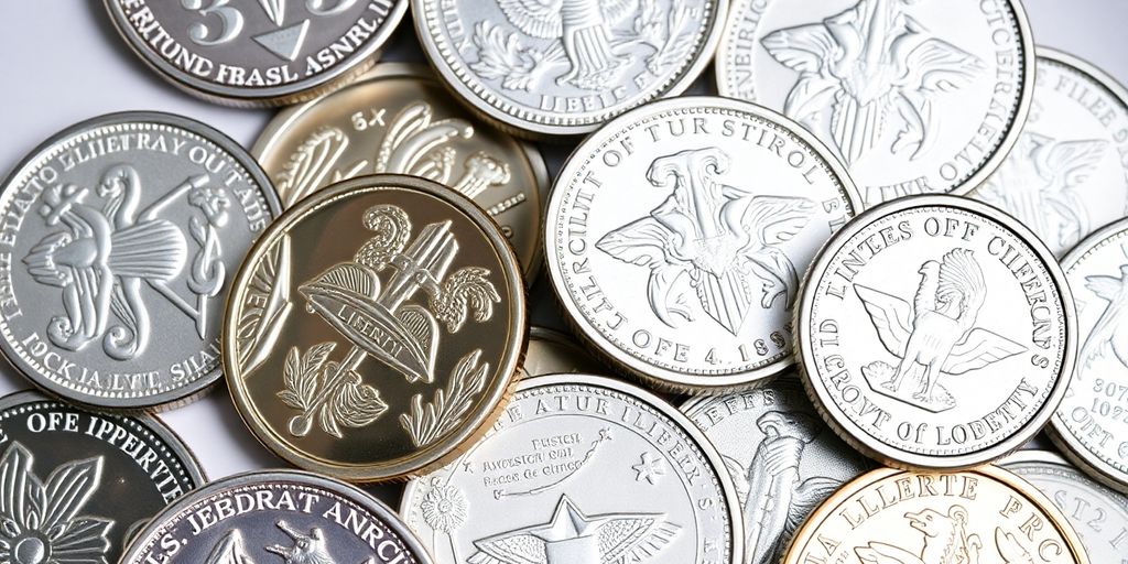 Coins commémoratifs en argent sur fond neutre.