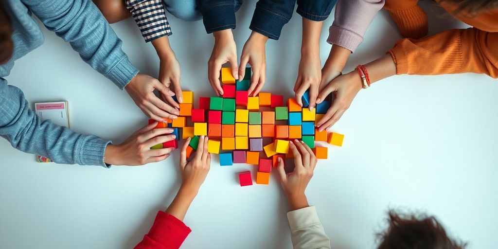 Diverse hands building colorful interlocking blocks.