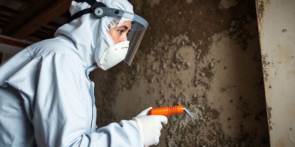 Homeowner in protective gear during mold remediation process.