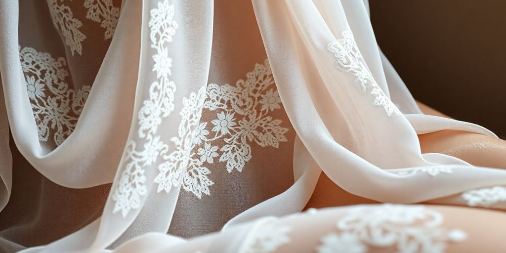 Luxurious lace lingerie, draped delicately with soft lighting and intricate patterns.