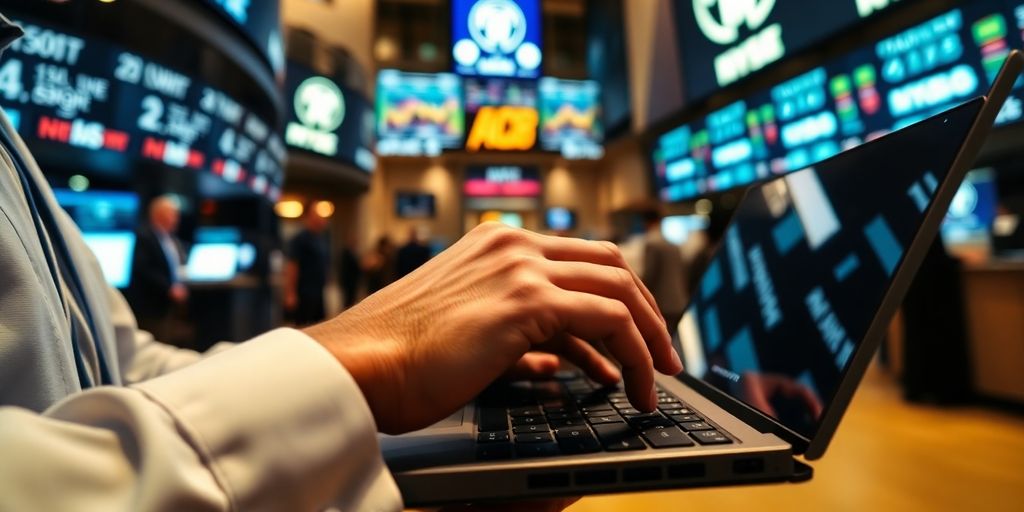 Trader using laptop on a busy trading floor.