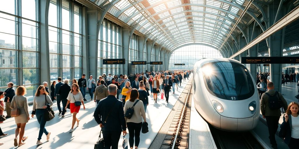 Modern train station with commuters.