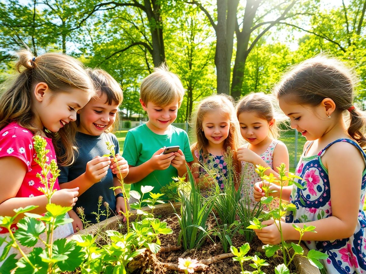 Copii explorând natura și învățând în aer liber.