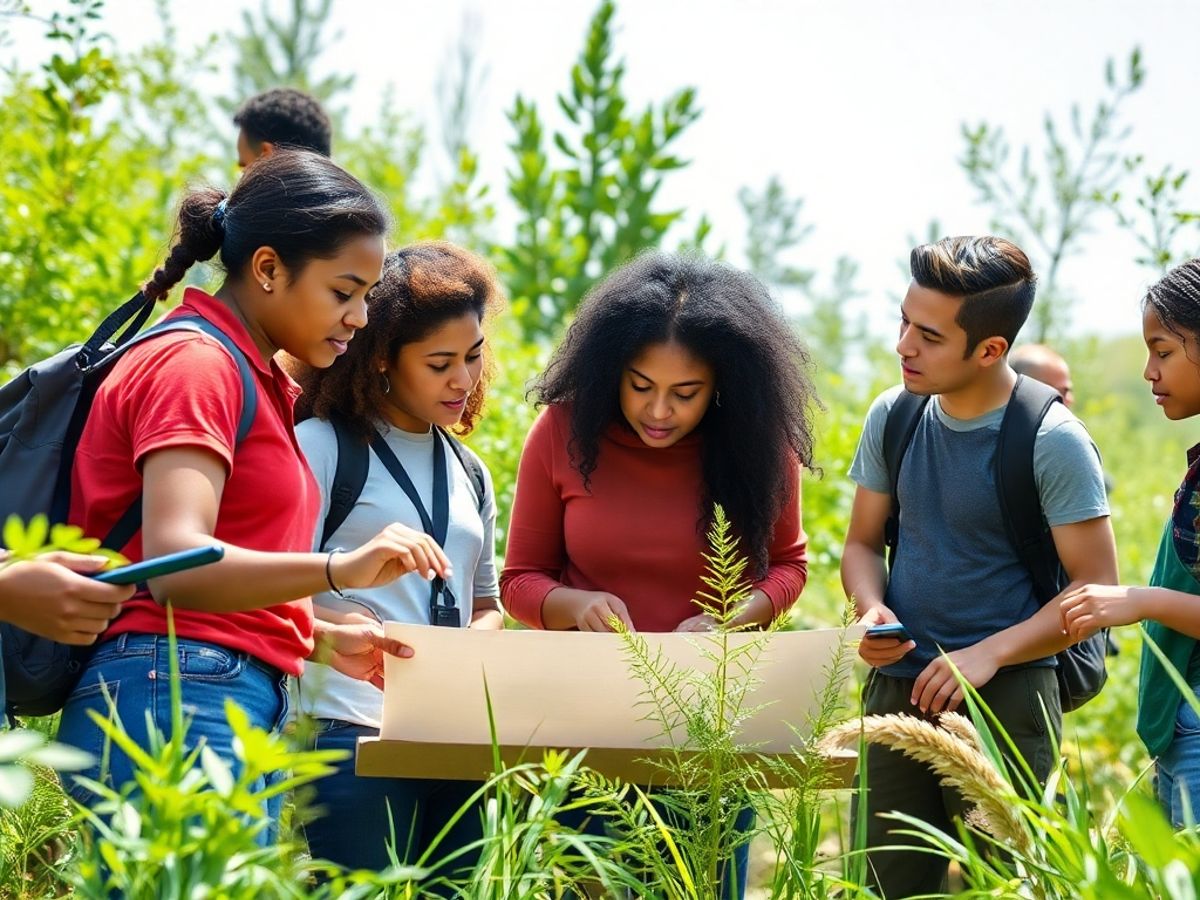 Diverse students collaborating in outdoor environmental studies.