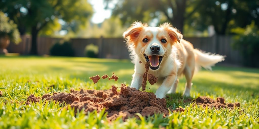 A dog digging in a sunny green yard.