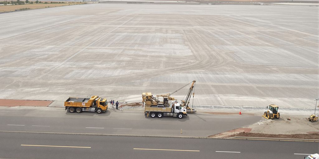 Construction equipment near a large, empty lot.