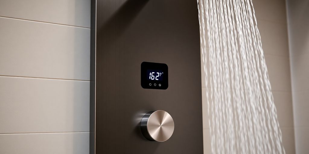 Sleek, modern shower panel with digital display.