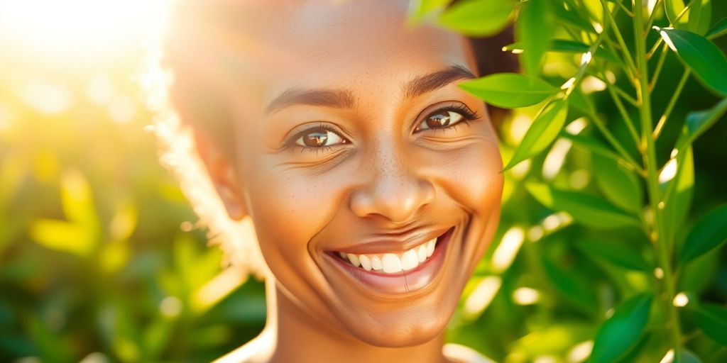 Person smiling, bathed in sunlight, surrounded by nature.