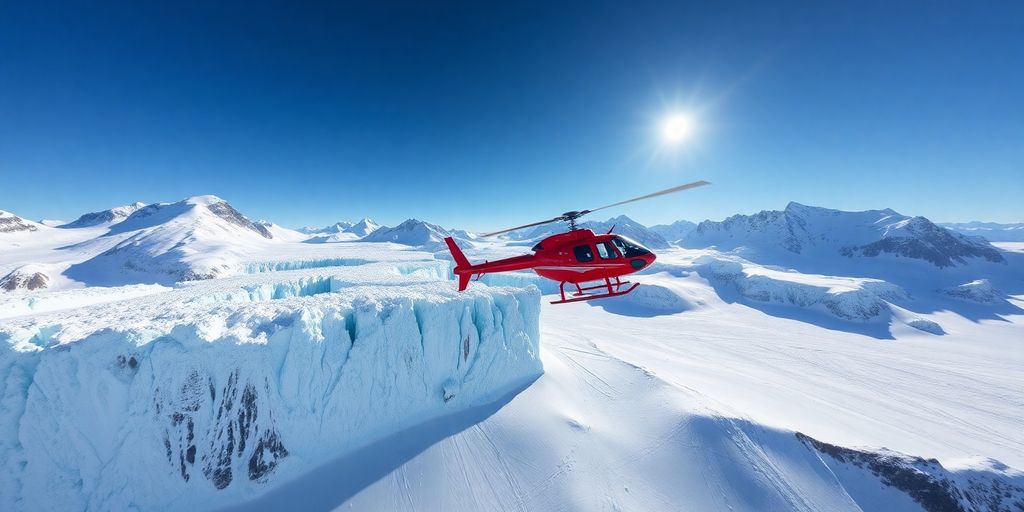A red helicopter flying over a vast Alaskan glacier.