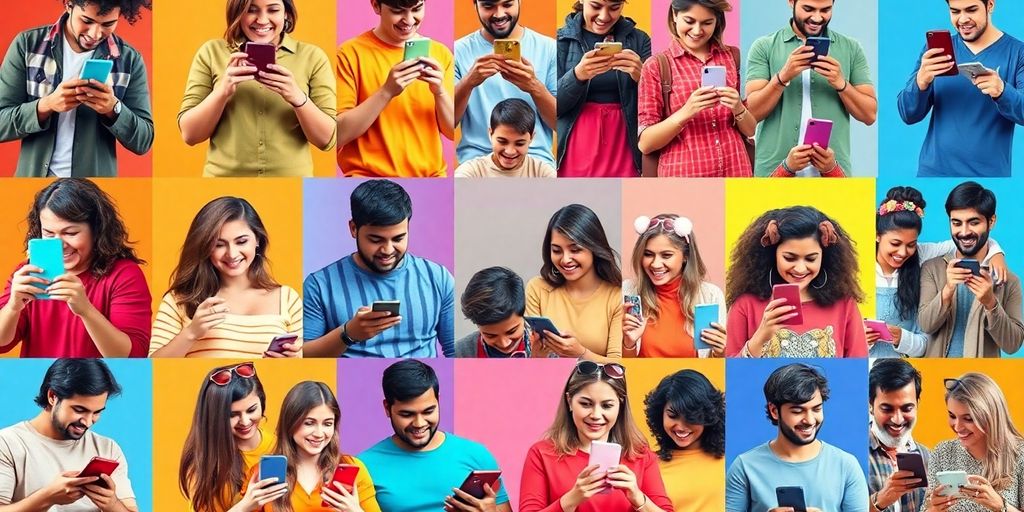 Diverse people engaging with smartphones in a creative setting.