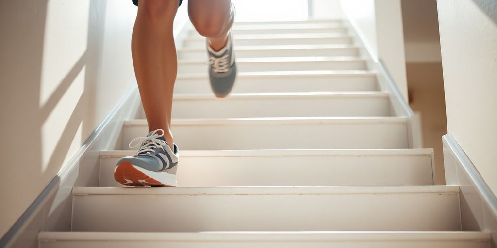 Person walking up bright, sunlit staircase, active lifestyle.