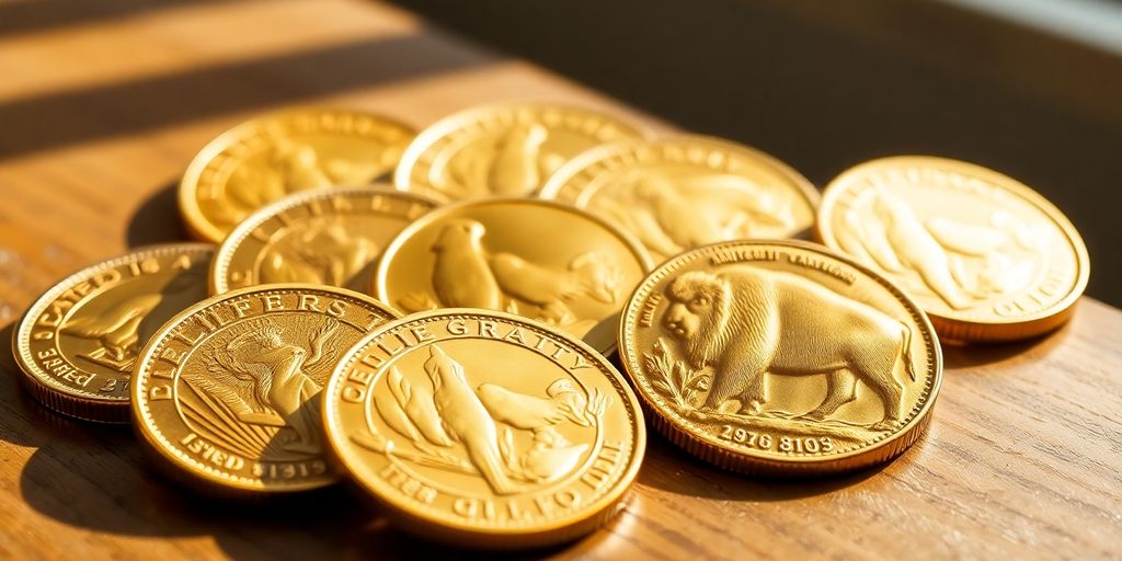 Pièces d'or américaines sur une surface en bois.