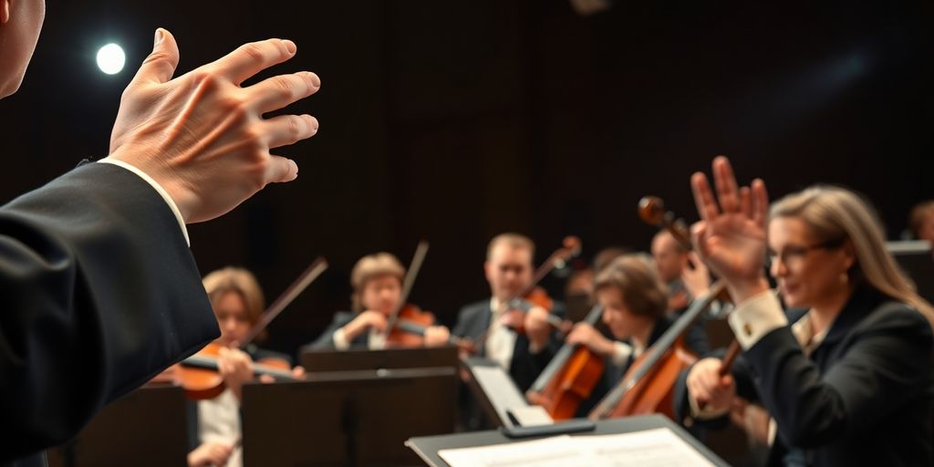Orchestra playing dramatic music in a recording studio.