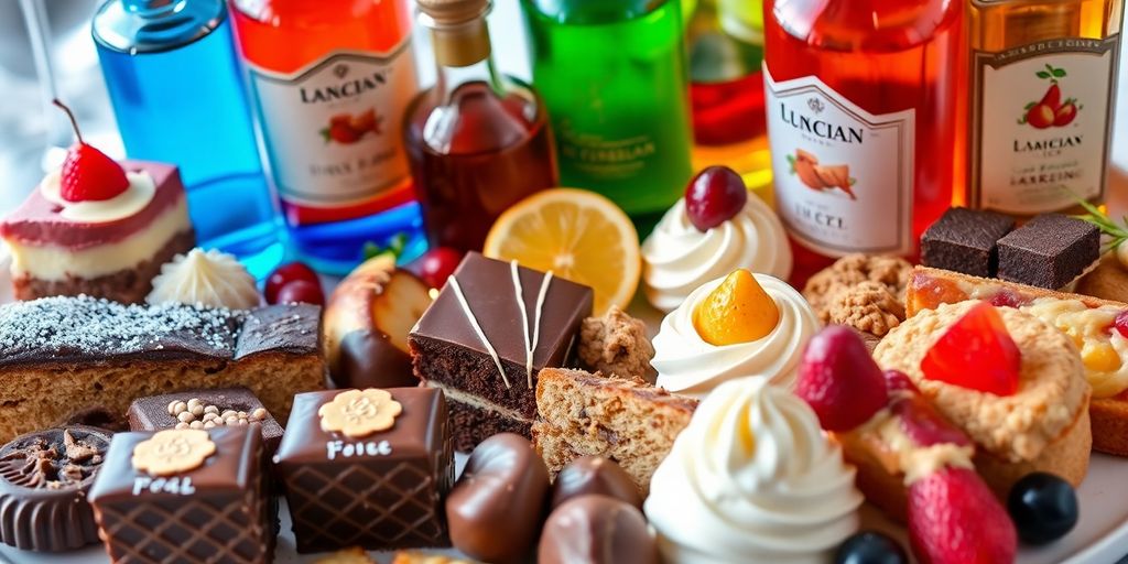 Desserts en likeuren in een kleurrijke schikking.