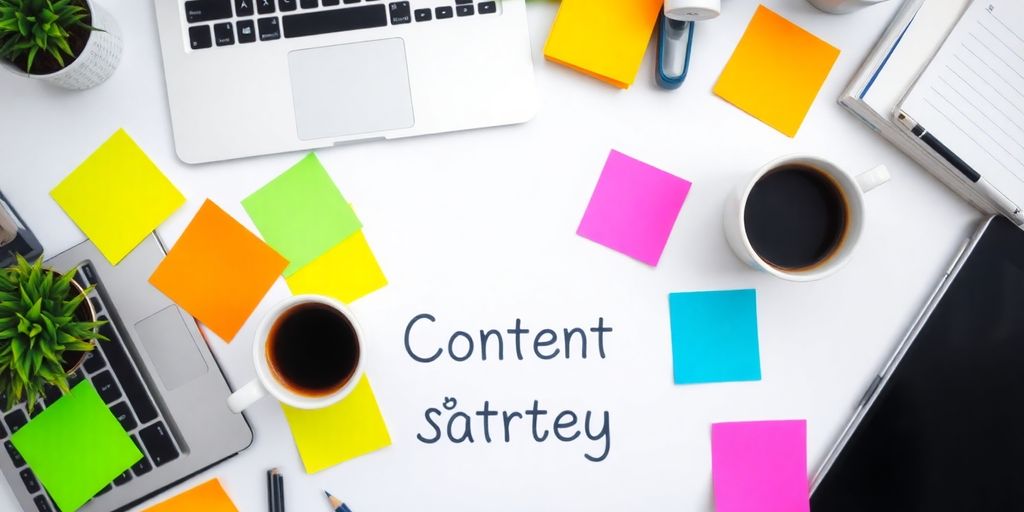 Bunte Haftnotizen und Laptop auf einem Schreibtisch.