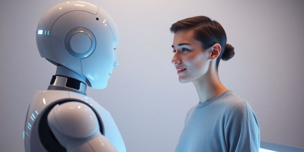 Minimalistic robot helping customer, glowing interface.