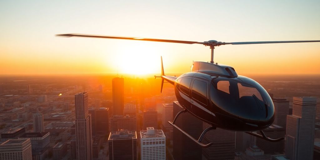 A helicopter flying over a vast Texas cityscape at sunset.