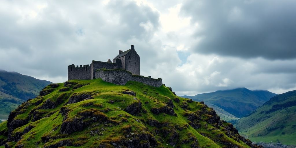 Scottish castle, ancient architecture, green hills, cloudy sky