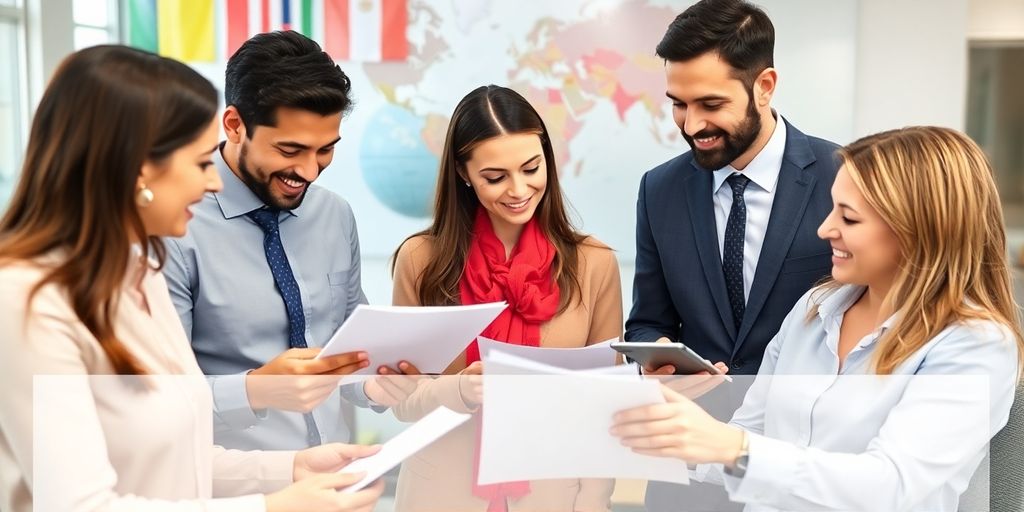 Diverse professionals collaborating in a global business setting.