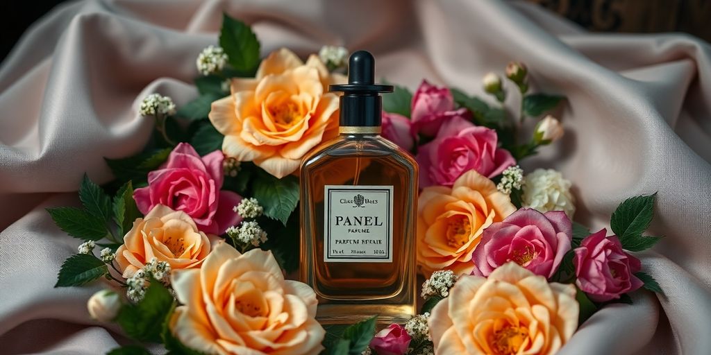 Frasco de perfume vintage rodeado de flores exuberantes.