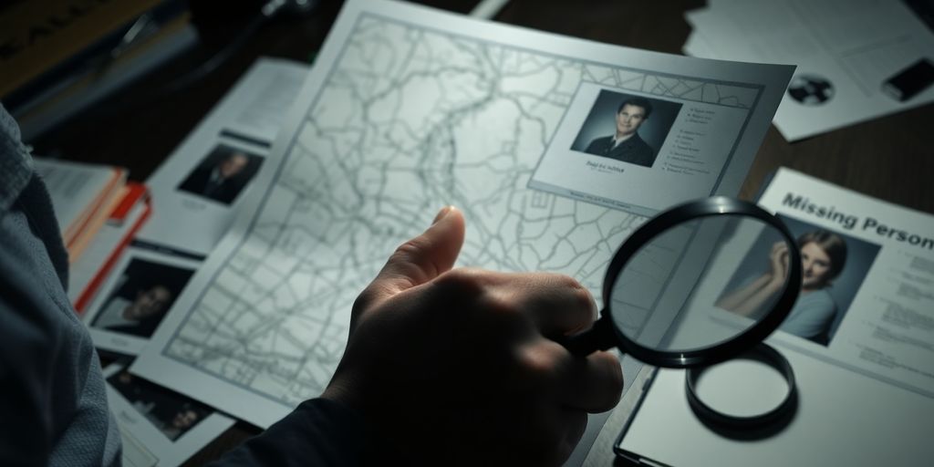 Private investigator analyzing clues in a dark room.