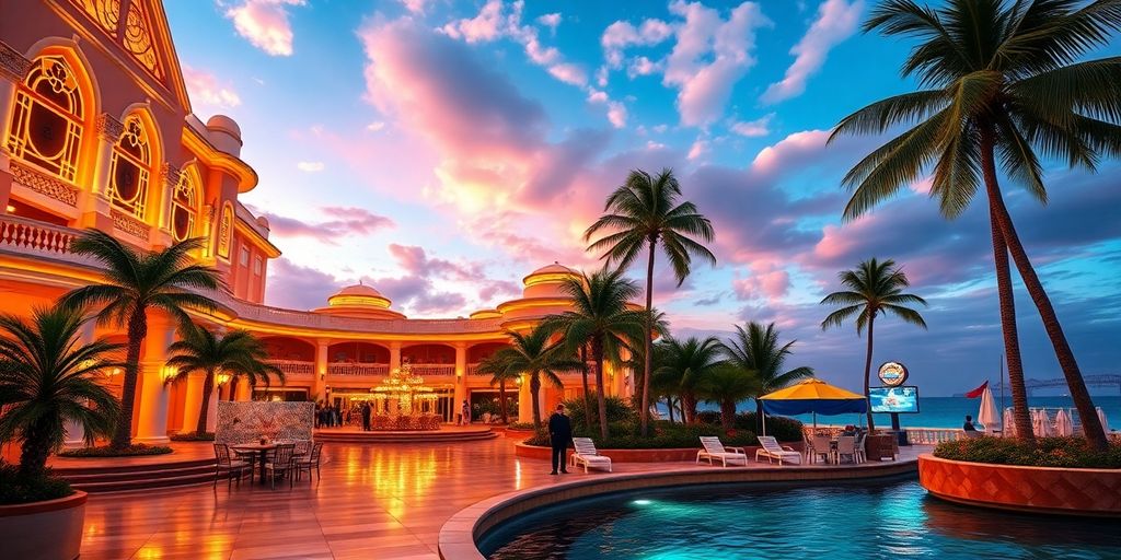 Luxurious offshore casino with palm trees and ocean views.