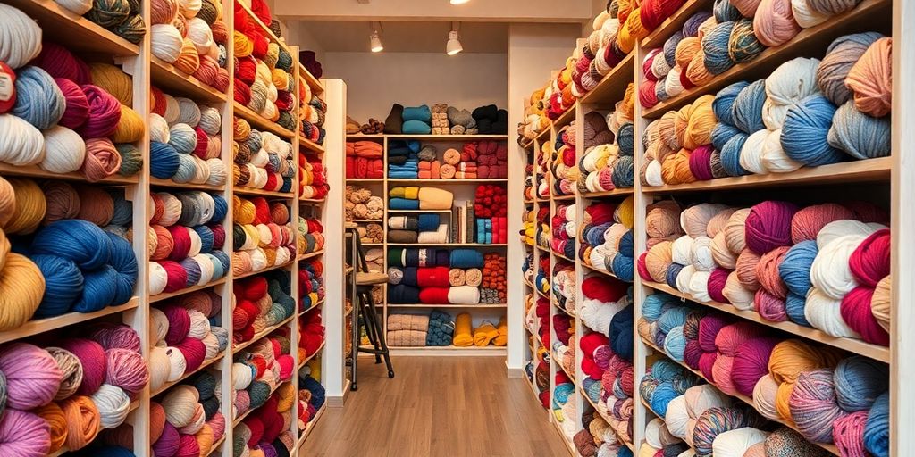 Cozy yarn shop interior with colorful yarn skeins.