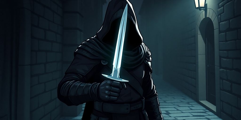 Hooded rogue with daggers in a shadowy alley.