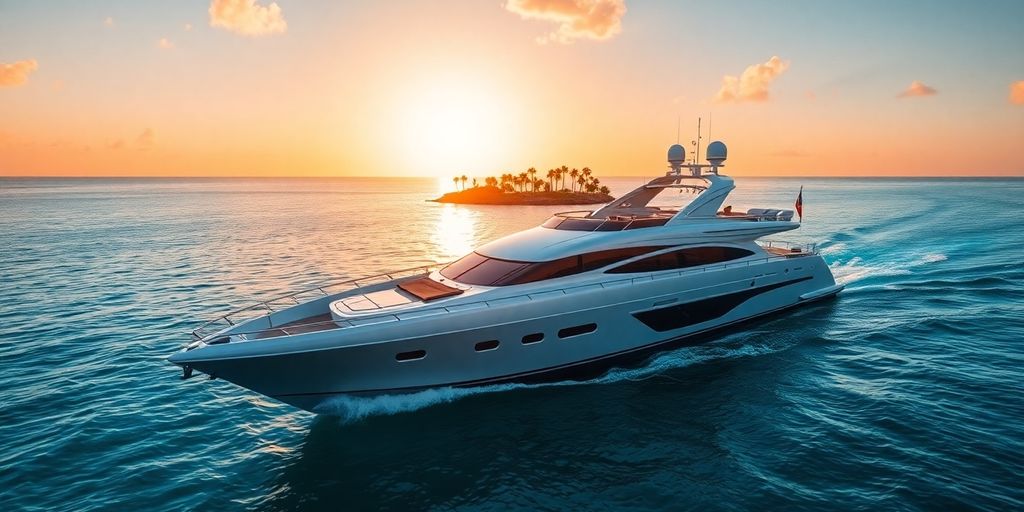 Luxury yacht cruising turquoise waters at sunset.