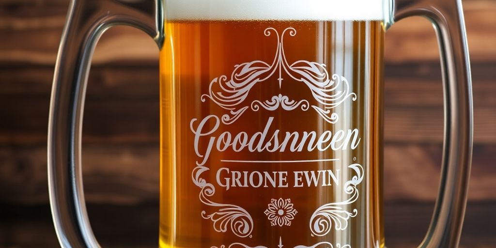 Personalized beer stein with engravings and frosty beer.