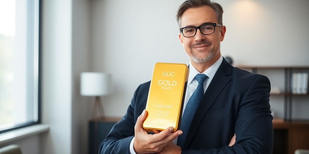 Professionnel libéral examinant des lingots d'or en toute confiance.