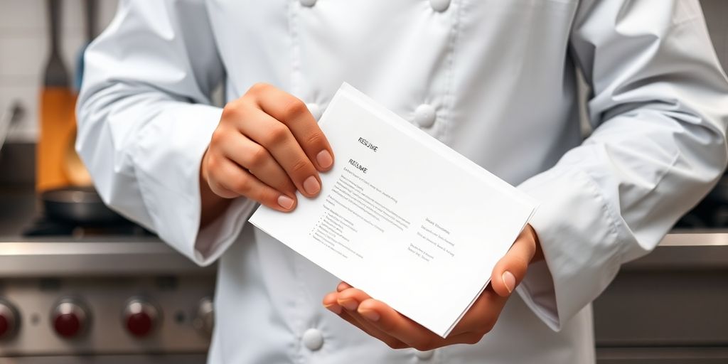 Cook's hands holding a resume.