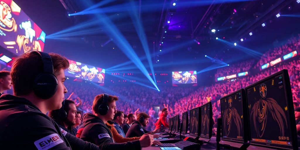 Esports athletes competing in a vibrant stadium.