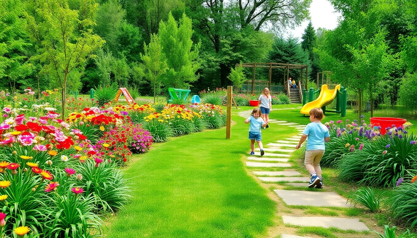Children playing in a colourful, safe garden.