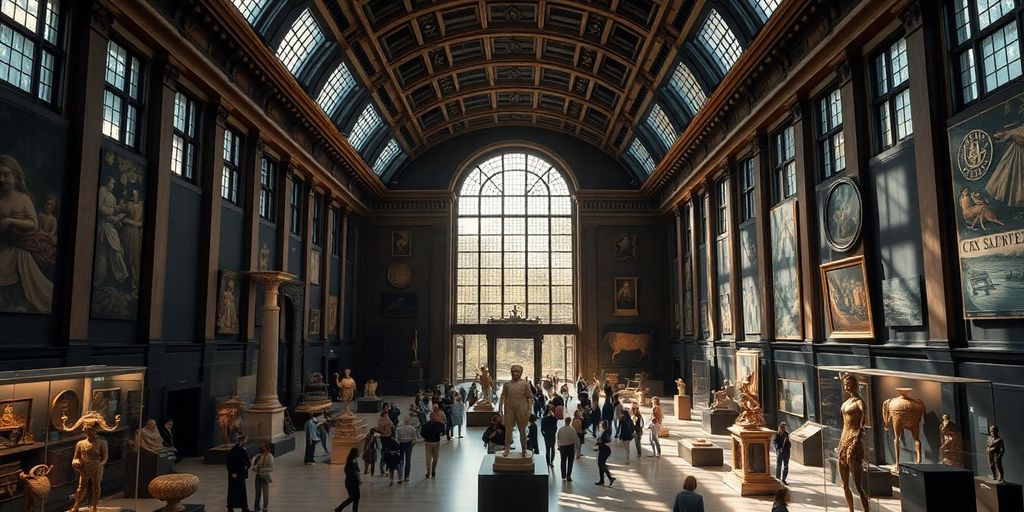 Chefs-d'œuvre d'art dans un musée illuminé.
