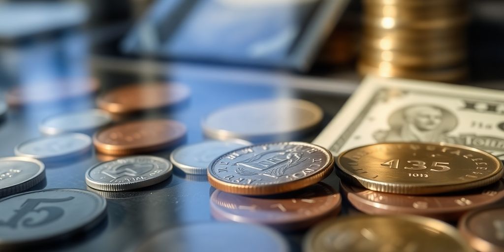 Close-up of coins in a protective display case.