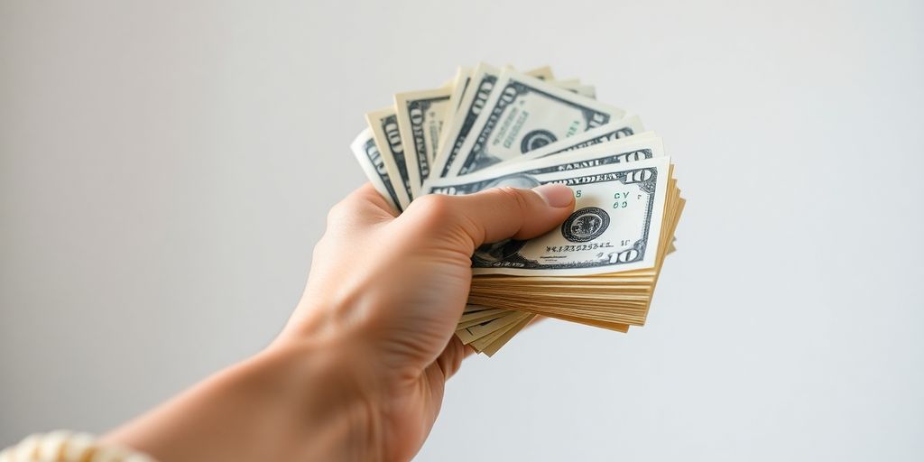 Hand holding dollar bills against a calm background.