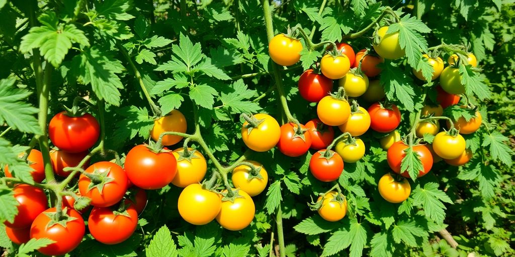 Bunte Tomatenpflanzen im deutschen Garten bei Sonnenschein.
