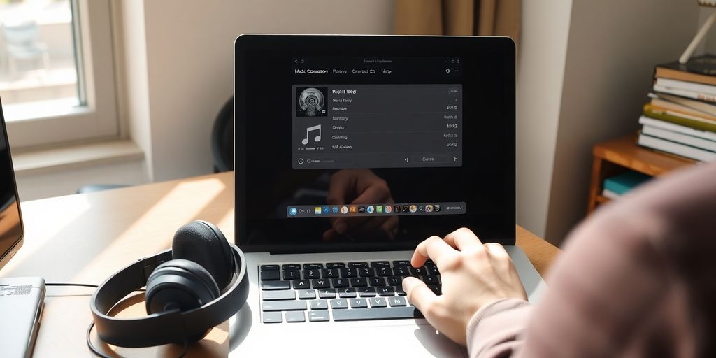 A person converting music on a laptop.